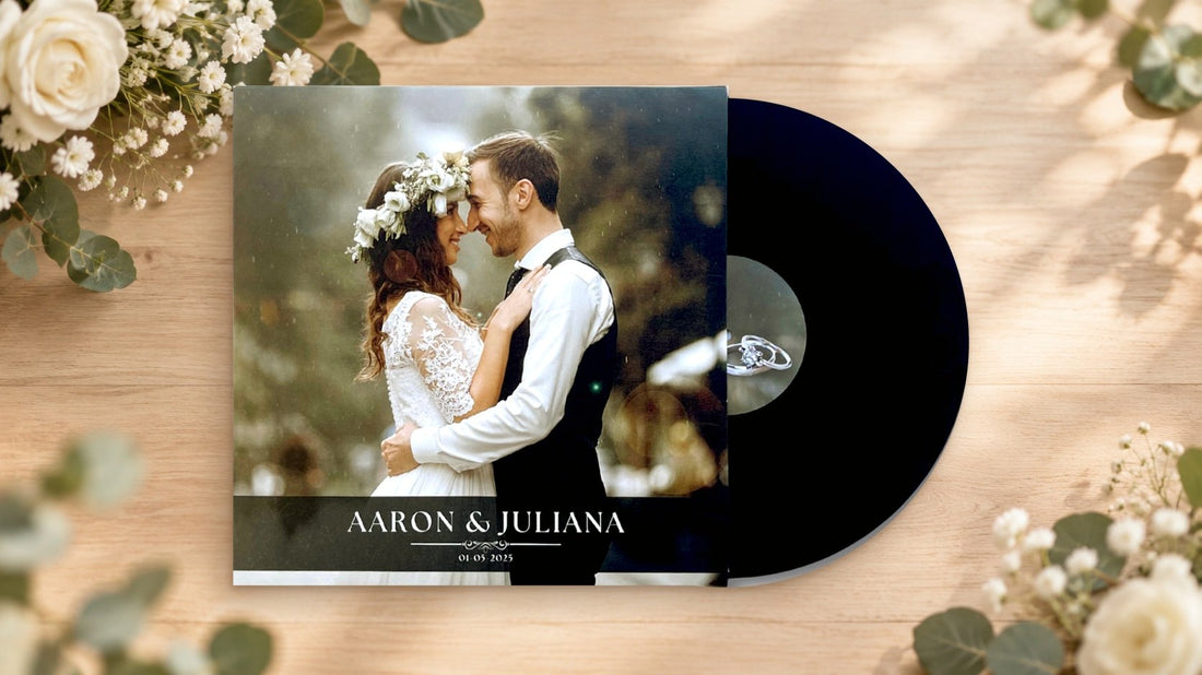 Custom vinyl record wedding gift with a couple's wedding photo on the sleeve, on a wooden table with white flowers