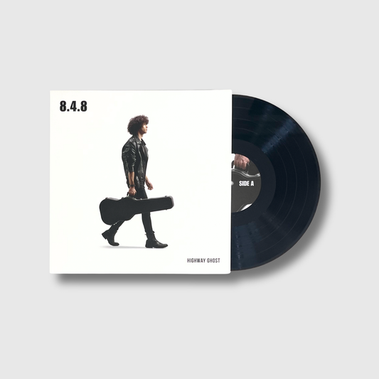 Custom cut vinyl record with cover featuring a person holding a guitar case on a light grey background
